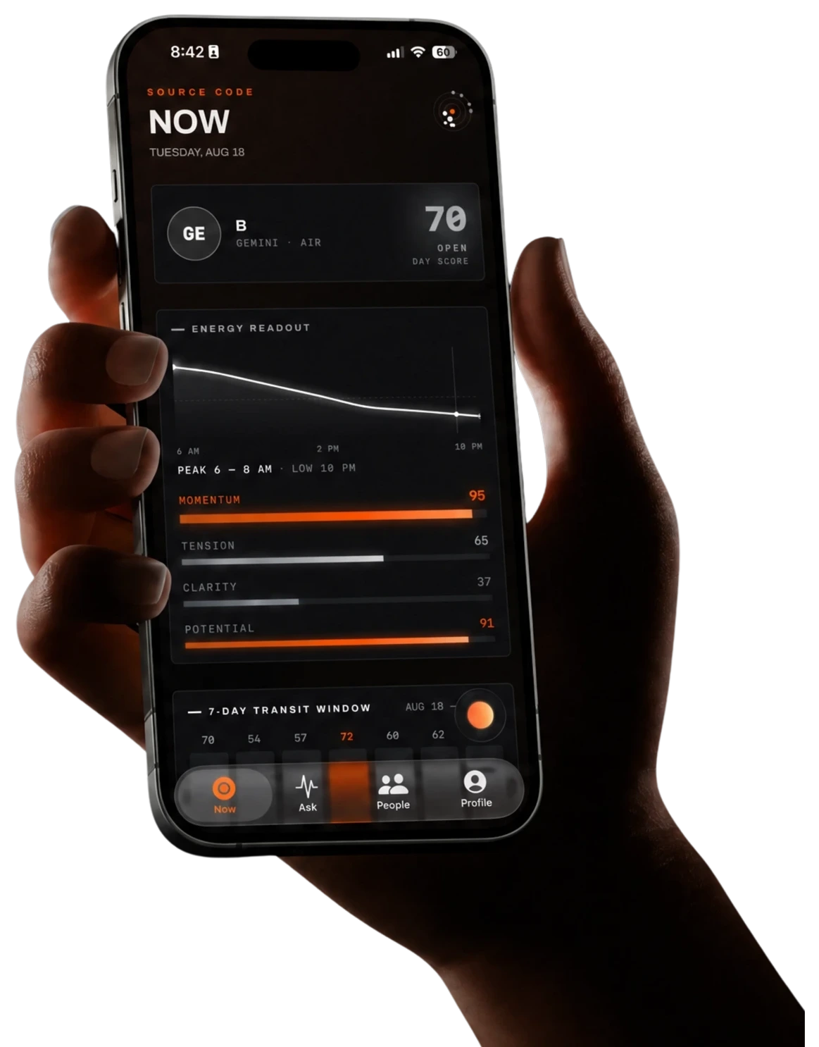 A hand holding a phone with the Sourcecode NOW screen: 70 OPEN Day Score and energy readout